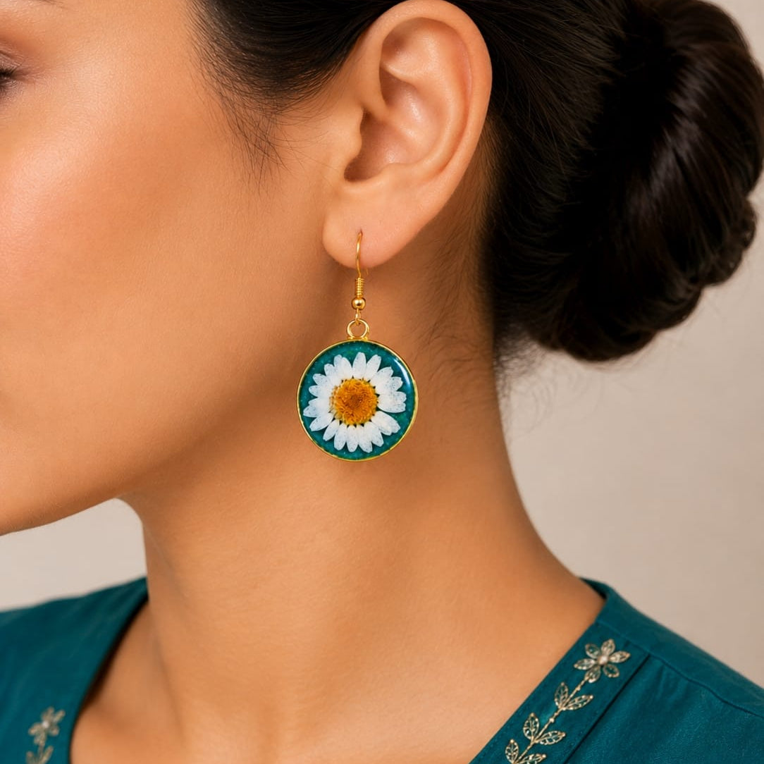 Teal Daisy Blossom Earrings